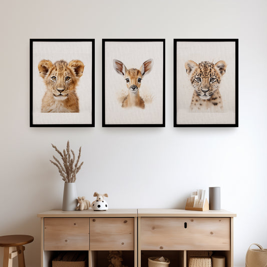 Set of 3 Baby Animals, Safari Nursery Wall Decor on Canvas, Unframed Wall Art