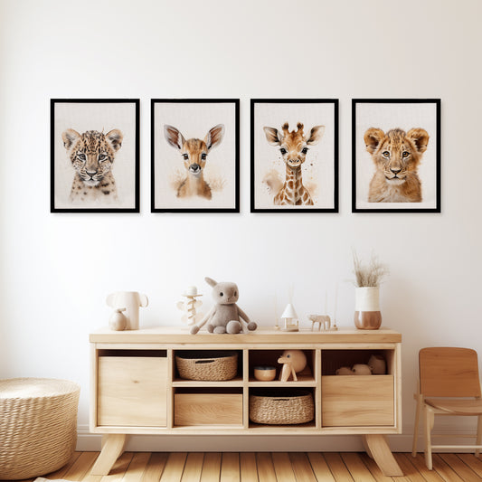 Set of 4 Baby Animals, Safari Nursery Wall Decor on Canvas, Unframed Wall Art