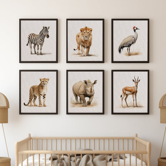 Set of 6 Safari Nursery Wall Decor  on Canvas, Unframed Wall Art